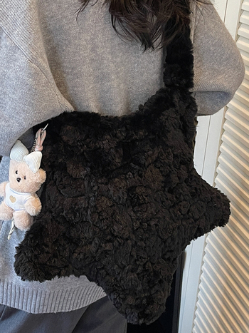 Geantă crossbody din pluș în formă de stea, închidere cu fermoar, stil urban minimalist