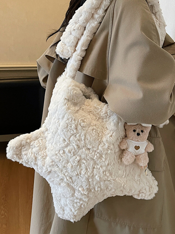 Geantă crossbody din pluș în formă de stea, închidere cu fermoar, stil urban minimalist