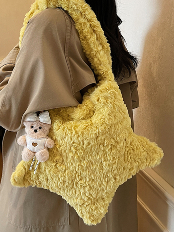 Geantă crossbody din pluș în formă de stea, închidere cu fermoar, stil urban minimalist