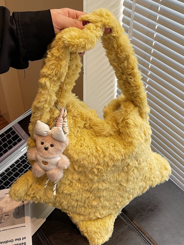 Geantă crossbody din pluș în formă de stea, închidere cu fermoar, stil urban minimalist