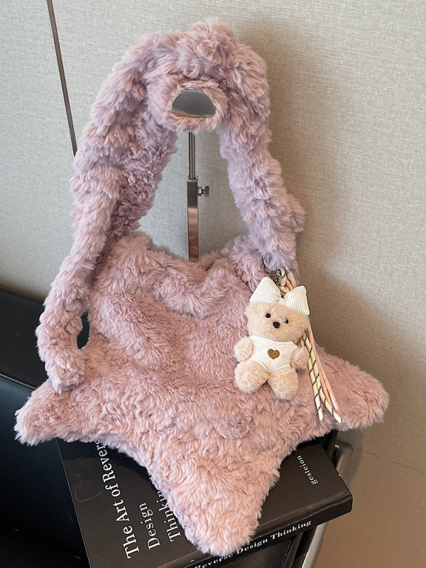 Geantă crossbody din pluș în formă de stea, închidere cu fermoar, stil urban minimalist