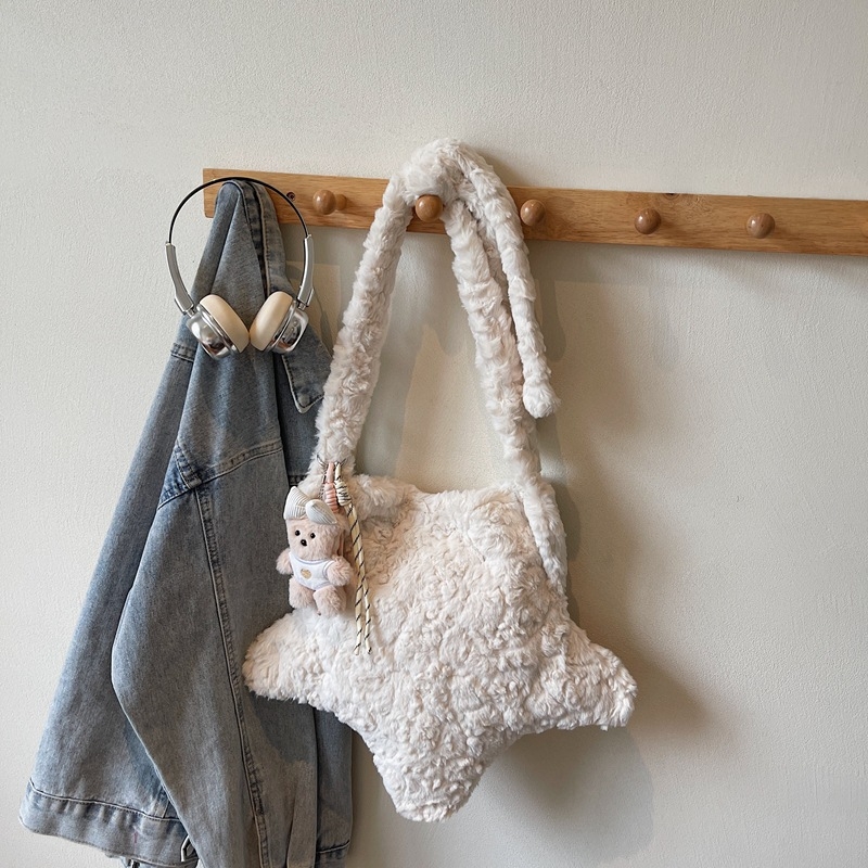 Geantă crossbody din pluș în formă de stea, închidere cu fermoar, stil urban minimalist
