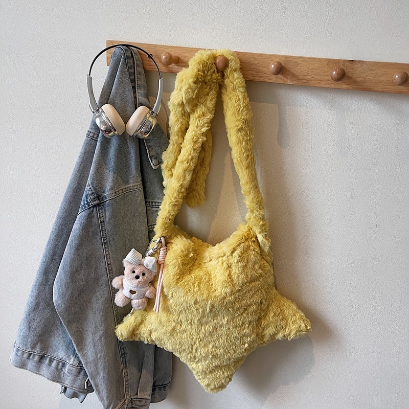 Geantă crossbody din pluș în formă de stea, închidere cu fermoar, stil urban minimalist
