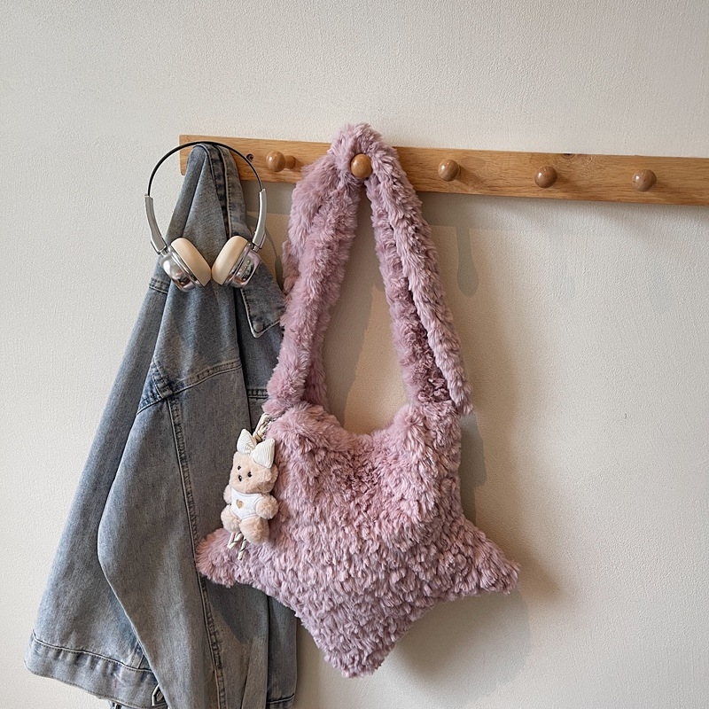 Geantă crossbody din pluș în formă de stea, închidere cu fermoar, stil urban minimalist