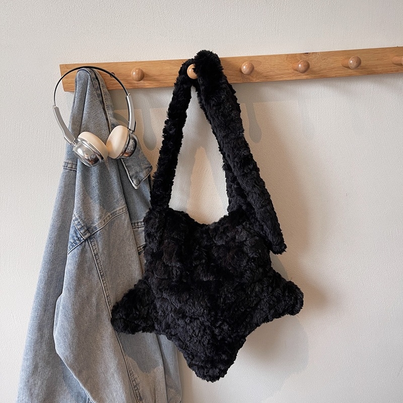 Geantă crossbody din pluș în formă de stea, închidere cu fermoar, stil urban minimalist