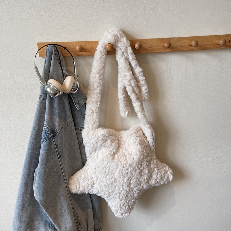 Geantă crossbody din pluș în formă de stea, închidere cu fermoar, stil urban minimalist