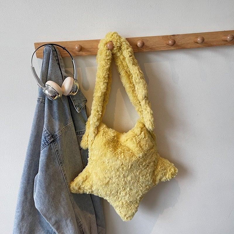 Geantă crossbody din pluș în formă de stea, închidere cu fermoar, stil urban minimalist