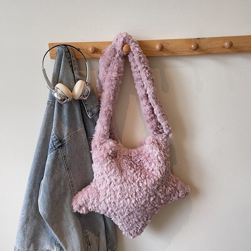 Geantă crossbody din pluș în formă de stea, închidere cu fermoar, stil urban minimalist