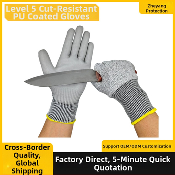 Rukavice proti rezům HPPE s PU povlakom, úroveň 5, odolné voči opotrebeniu, pre stavebný priemysel a spracovanie skla
