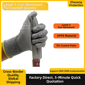 Rukavice proti rezům HPPE s PU povlakom, úroveň 5, odolné voči opotrebeniu, pre stavebný priemysel a spracovanie skla