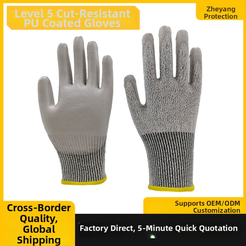 Rukavice proti rezům HPPE s PU povlakom, úroveň 5, odolné voči opotrebeniu, pre stavebný priemysel a spracovanie skla