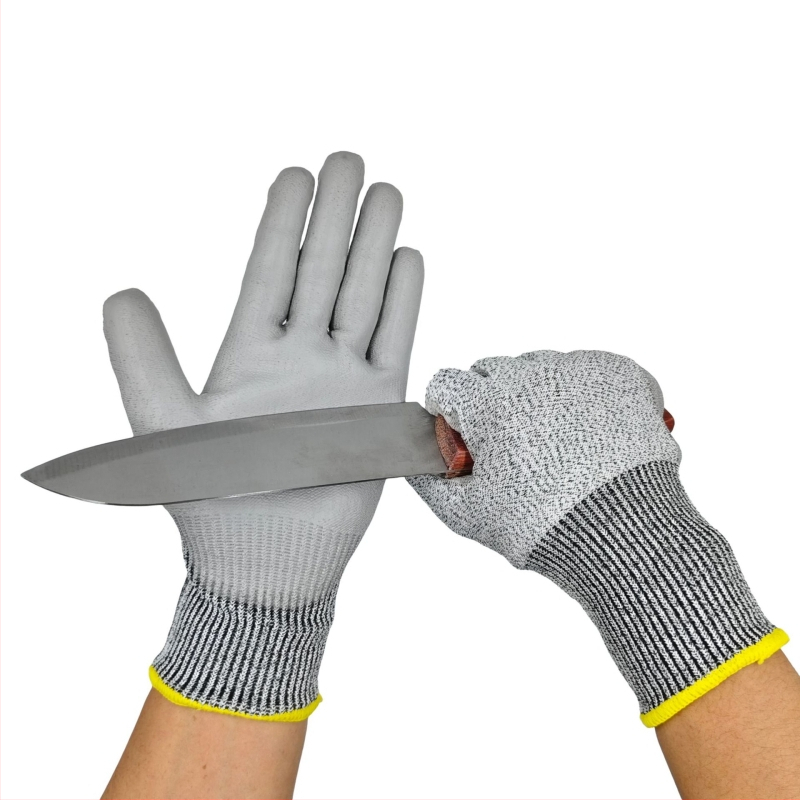 Rukavice proti rezům HPPE s PU povlakom, úroveň 5, odolné voči opotrebeniu, pre stavebný priemysel a spracovanie skla