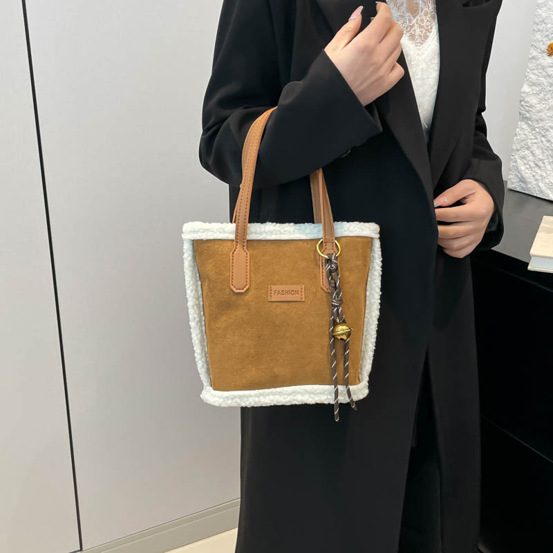 Geantă bucket în stil coreean, material textil, căptușeală din poliester, închidere cu fermoar, curea de umăr single