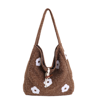 Geantă tote plușată brodată cu flori, din lână, stil coreean, formă vertical pătrată, închidere cu cataramă corn, buzunar pentru telefon — Proaspătă și dulce, iarnă 2025