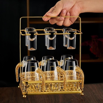 Set čašica za shot s uzorkom folije, kristalno staklo, svijetao luksuzni retro stil, 6–10 kom, Bangbeibei WWWS-4, s držačem za čaše