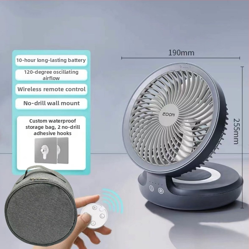 Eden bezdrôtový stenu ventilátor USB nabíjateľný, skladací mini ventilátor s integrovanou batériou, brushless motor, 3 rýchlosti, diaľkové ovládanie