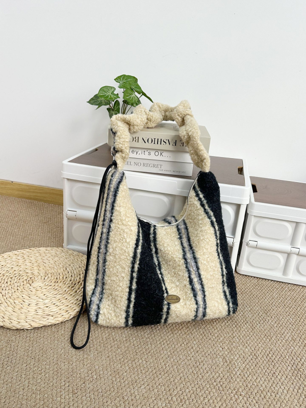 Crossbody torba od pliša, korejski stil, horizontalni kvadratni oblik, zatvaranje na zip, unutarnja džep s zipom i džep za mobitel, s jednim remenom