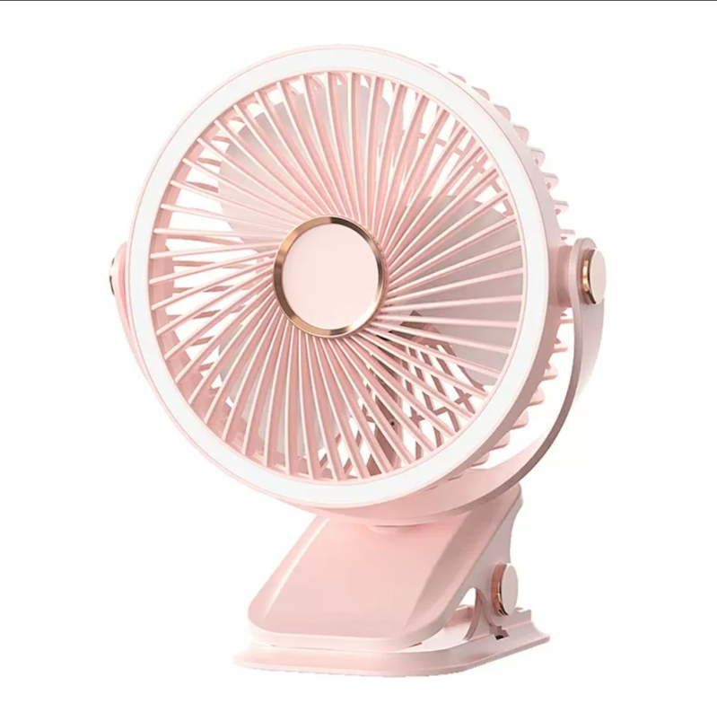 USB klipsni stolni ventilator s integriranim svjetlom, 3 lopatice, 5 brzina, ugrađena baterija 500–800 mAh
