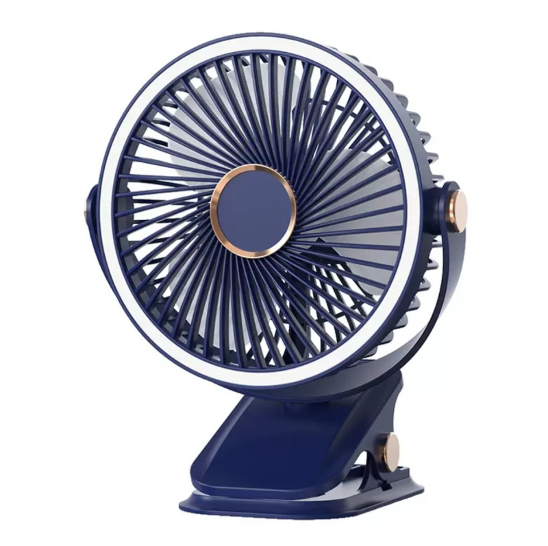 USB klipsni stolni ventilator s integriranim svjetlom, 3 lopatice, 5 brzina, ugrađena baterija 500–800 mAh