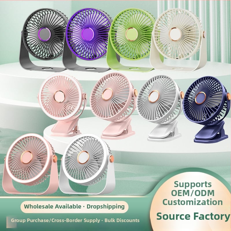USB klipsni stolni ventilator s integriranim svjetlom, 3 lopatice, 5 brzina, ugrađena baterija 500–800 mAh