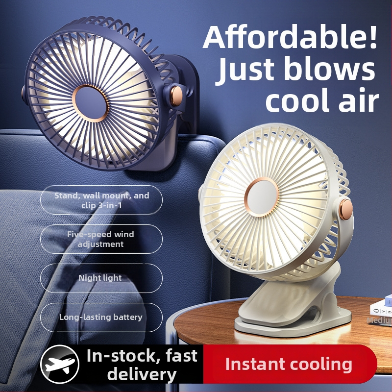 USB klipsni stolni ventilator s integriranim svjetlom, 3 lopatice, 5 brzina, ugrađena baterija 500–800 mAh