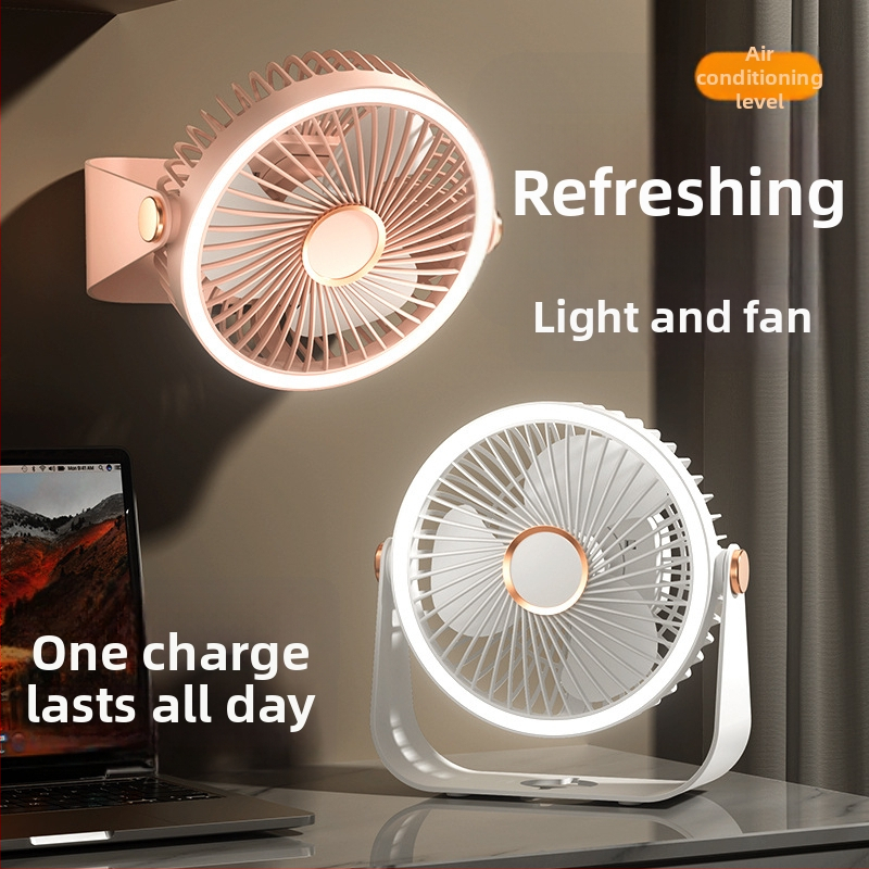 USB klipsni stolni ventilator s integriranim svjetlom, 3 lopatice, 5 brzina, ugrađena baterija 500–800 mAh