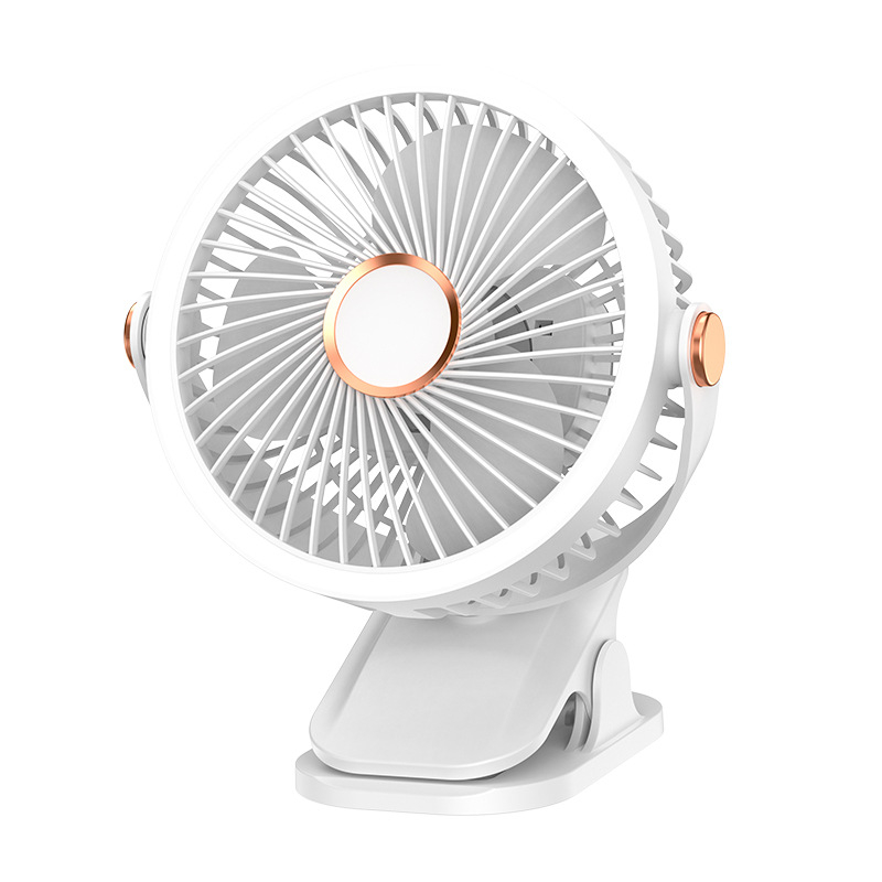 USB klipsni stolni ventilator s integriranim svjetlom, 3 lopatice, 5 brzina, ugrađena baterija 500–800 mAh