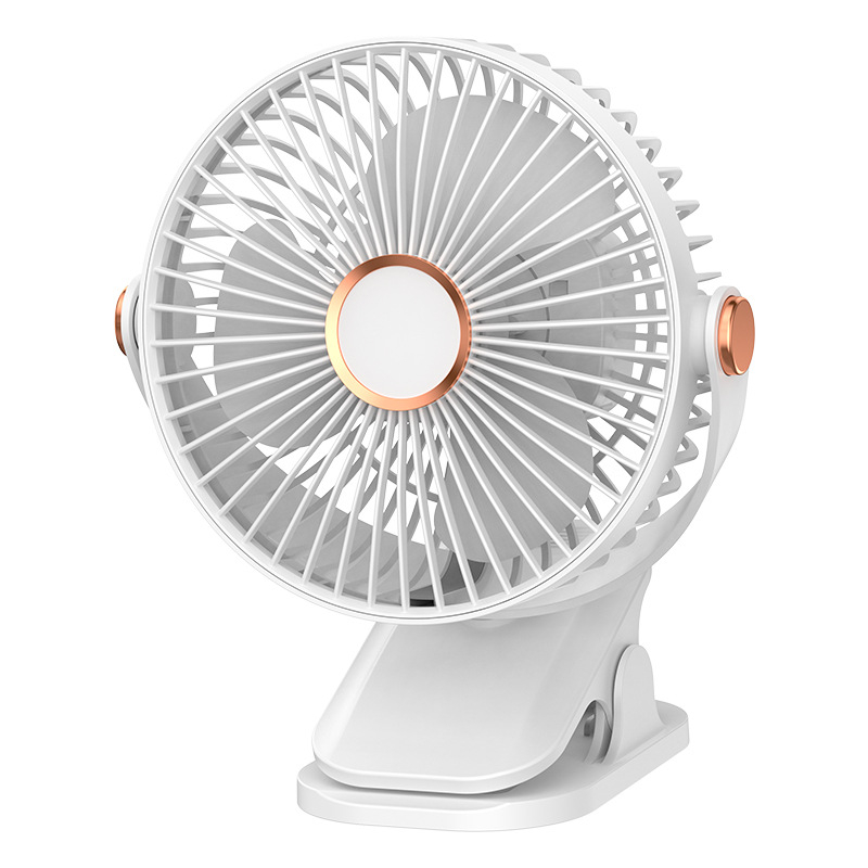 USB klipsni stolni ventilator s integriranim svjetlom, 3 lopatice, 5 brzina, ugrađena baterija 500–800 mAh