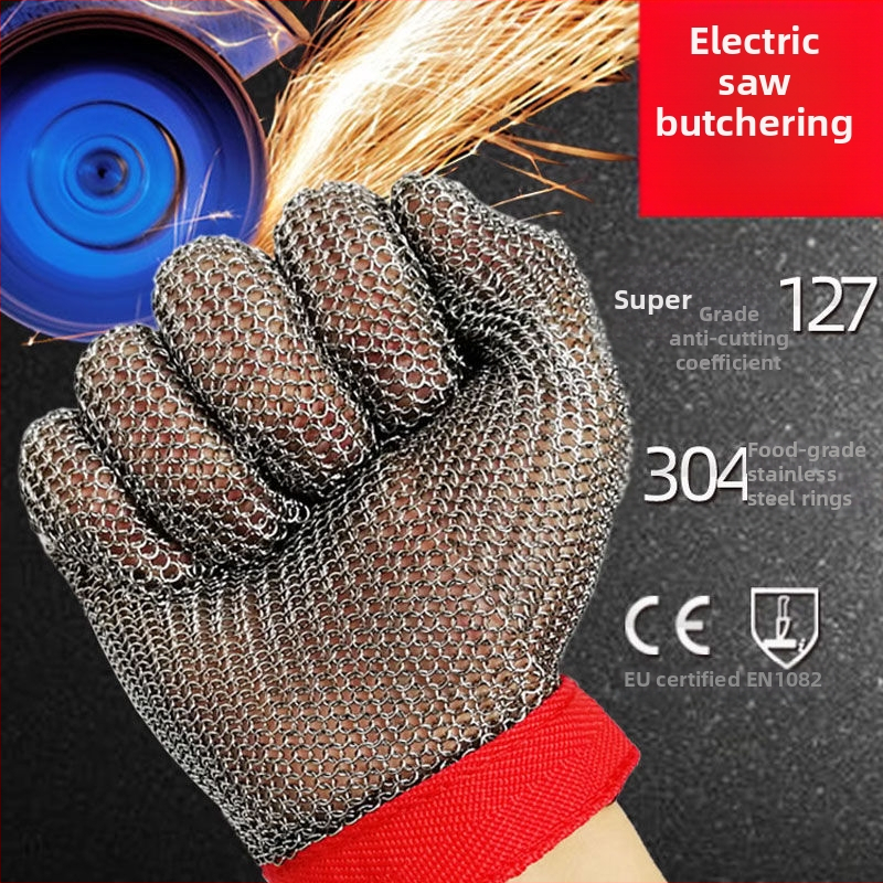 Rukavice z nehrdzavejúcej ocele, úroveň 5 proti rezu, pre elektrické píly a rezanie kovových drôtov – použitie v bitúnku