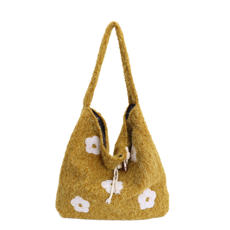 Geantă Tote cu broderie plușată în motiv de nor, formă verticală pătrată, închidere cu cataramă corn, buzunar intern pentru telefon, căptușeală poliester