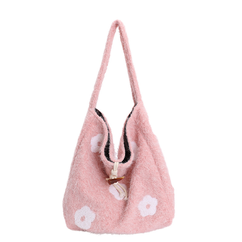 Geantă Tote cu broderie plușată în motiv de nor, formă verticală pătrată, închidere cu cataramă corn, buzunar intern pentru telefon, căptușeală poliester