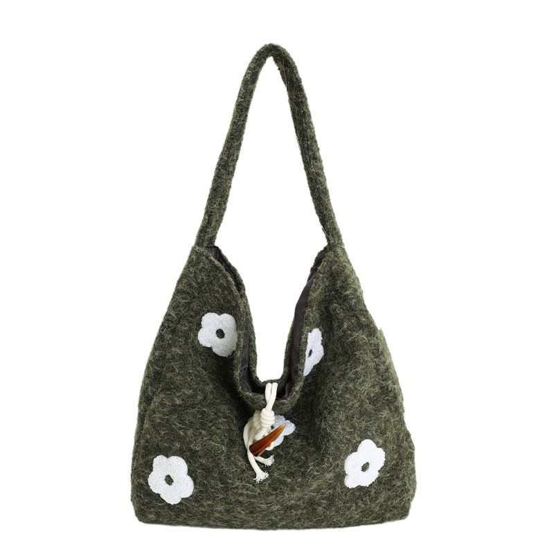 Geantă Tote cu broderie plușată în motiv de nor, formă verticală pătrată, închidere cu cataramă corn, buzunar intern pentru telefon, căptușeală poliester