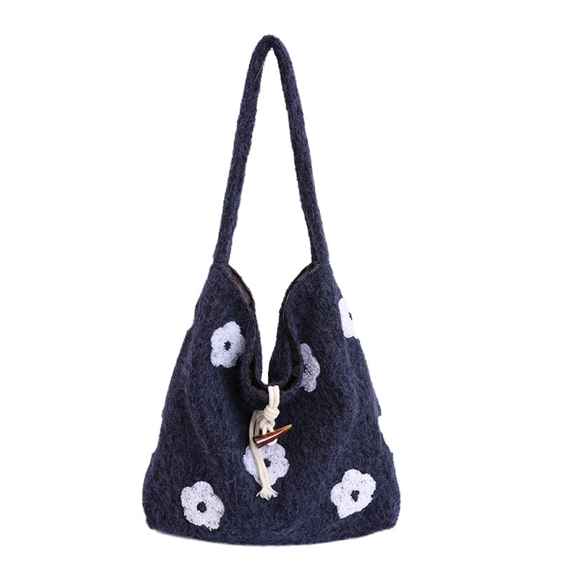 Geantă Tote cu broderie plușată în motiv de nor, formă verticală pătrată, închidere cu cataramă corn, buzunar intern pentru telefon, căptușeală poliester