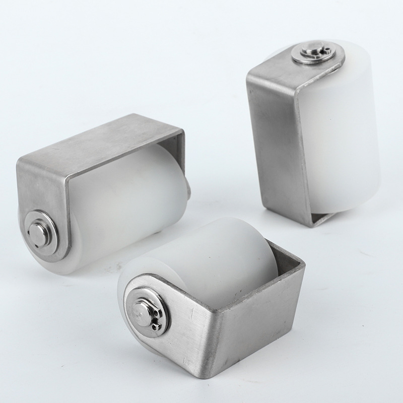 Roată din oțel inoxidabil cu role din nylon pentru uși glisante, roată de poziționare, rulment dublu, utilizare industrială; dimensiuni 40×50 / 40×65 / 50×65