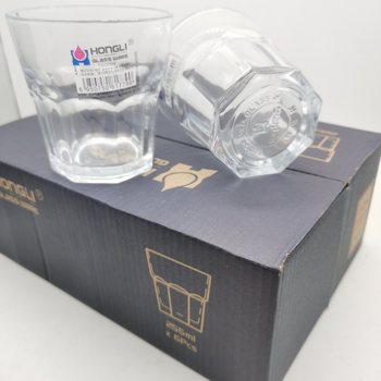 Nyolcszögletű edzett üvegpohár éttermi használatra, minimalistikus stílus, készlet 10+ darab