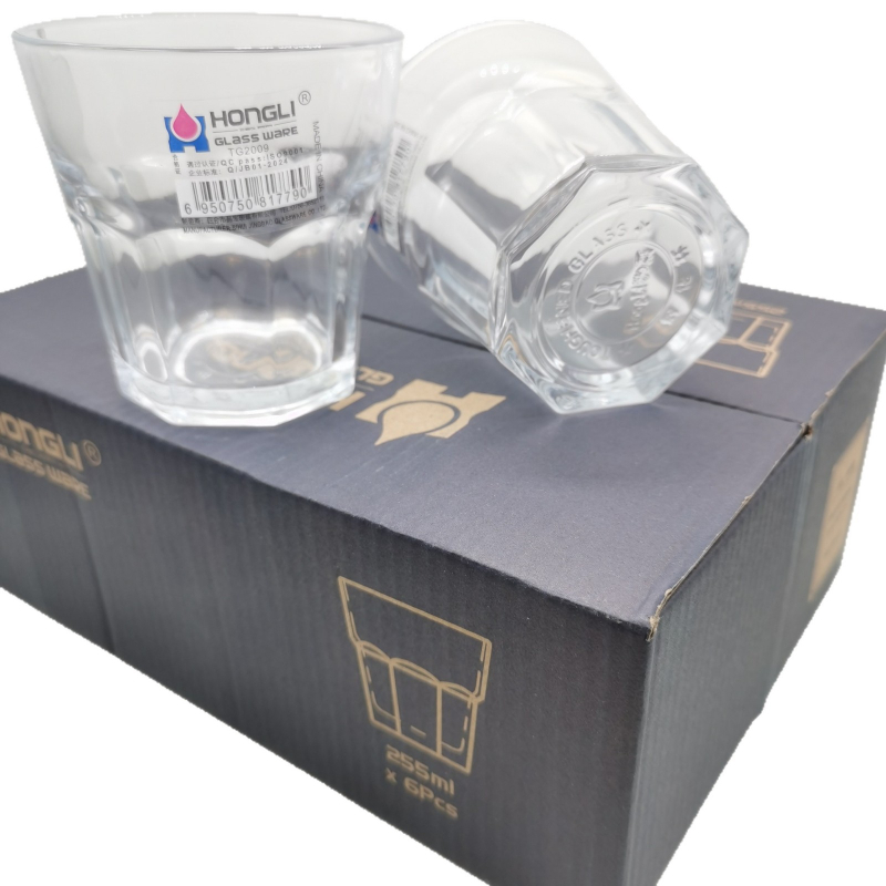 Nyolcszögletű edzett üvegpohár éttermi használatra, minimalistikus stílus, készlet 10+ darab