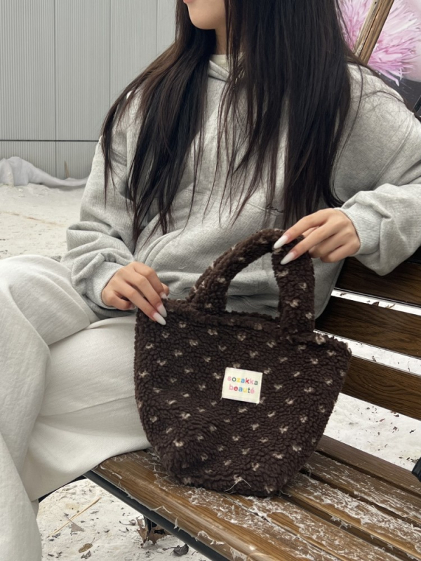 Geantă de mână din pluș, stil coreean, casual, cu fermoar, căptușeală poplin