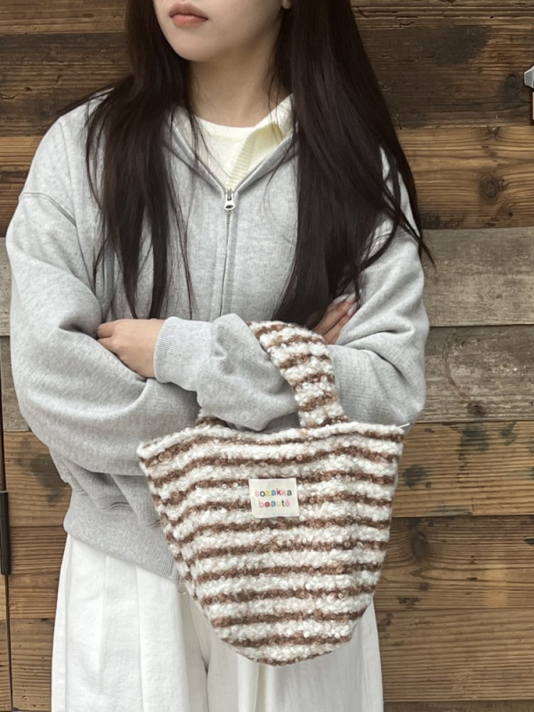 Geantă de mână din pluș, stil coreean, casual, cu fermoar, căptușeală poplin