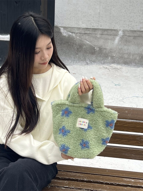 Geantă de mână din pluș, stil coreean, casual, cu fermoar, căptușeală poplin