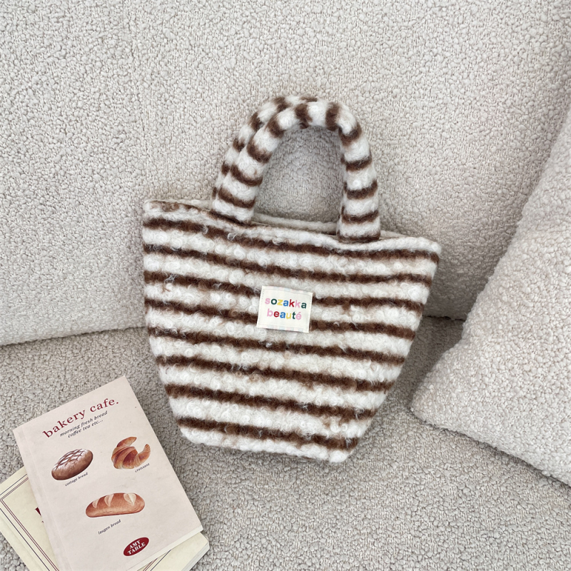 Geantă de mână din pluș, stil coreean, casual, cu fermoar, căptușeală poplin