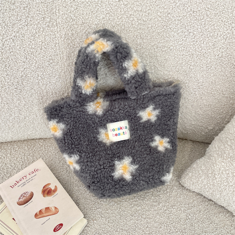 Geantă de mână din pluș, stil coreean, casual, cu fermoar, căptușeală poplin