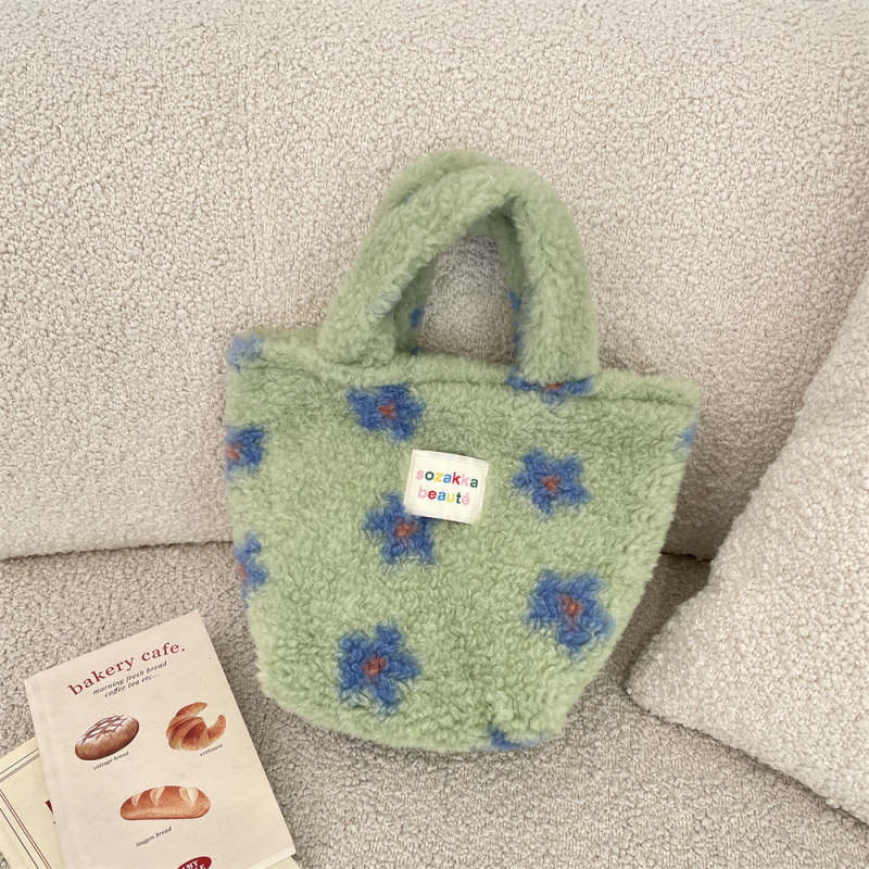 Geantă de mână din pluș, stil coreean, casual, cu fermoar, căptușeală poplin