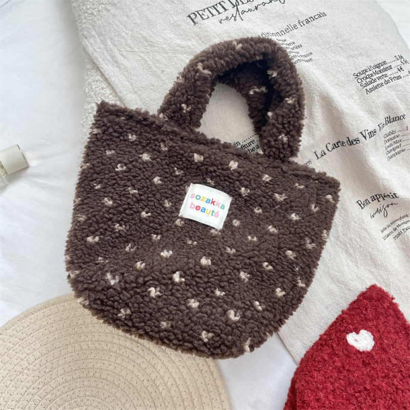 Geantă de mână din pluș, stil coreean, casual, cu fermoar, căptușeală poplin