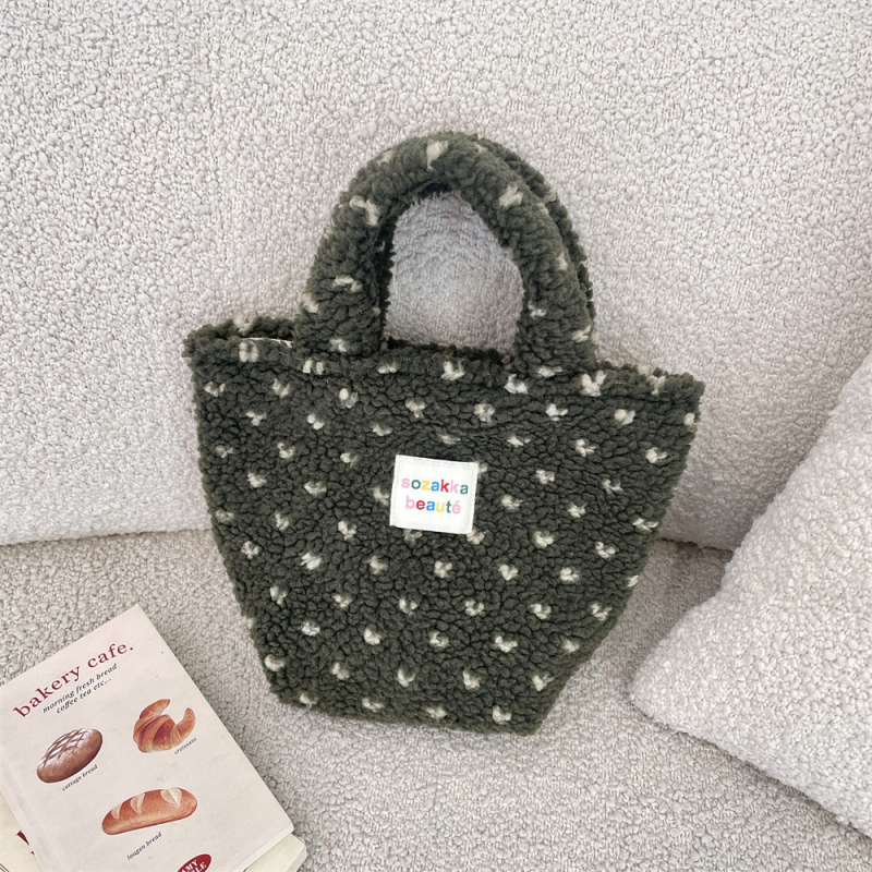 Geantă de mână din pluș, stil coreean, casual, cu fermoar, căptușeală poplin