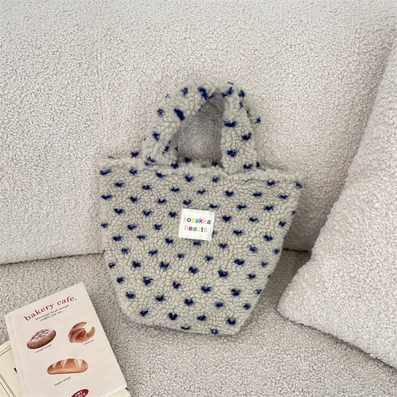 Geantă de mână din pluș, stil coreean, casual, cu fermoar, căptușeală poplin