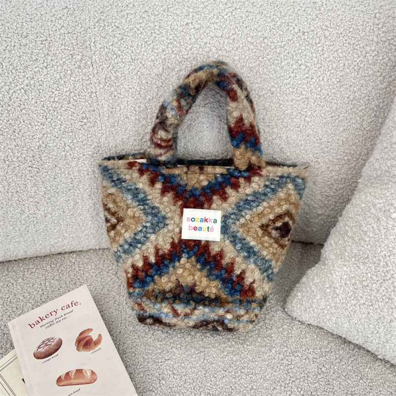 Geantă de mână din pluș, stil coreean, casual, cu fermoar, căptușeală poplin