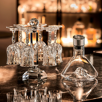 Set de pahare de vin din cristal cu decantator, 6 piese, marca Green Apple, stil lux ușor-retro, cu suport pentru pahare