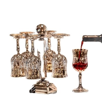 Set de pahare de vin din cristal cu decantator, 6 piese, marca Green Apple, stil lux ușor-retro, cu suport pentru pahare