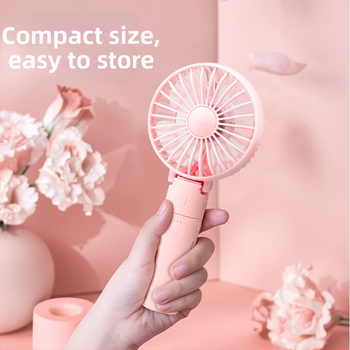 Φορητός ανεμιστήρας χειρός – μικρός, αναδιπλούμενος, με λειτουργία Power Bank και τρία σε ένα; μηχανισμός χωρίς ψήκτρες; 5V; 1.5W; θόρυβος 36–45 dB; 3 ταχύτητες; αντικαταστάσιμη μπαταρία; κάλυψη έως 2 m²