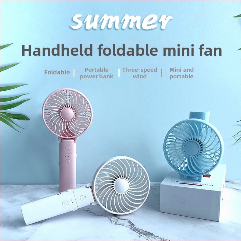 Φορητός ανεμιστήρας χειρός – μικρός, αναδιπλούμενος, με λειτουργία Power Bank και τρία σε ένα; μηχανισμός χωρίς ψήκτρες; 5V; 1.5W; θόρυβος 36–45 dB; 3 ταχύτητες; αντικαταστάσιμη μπαταρία; κάλυψη έως 2 m²